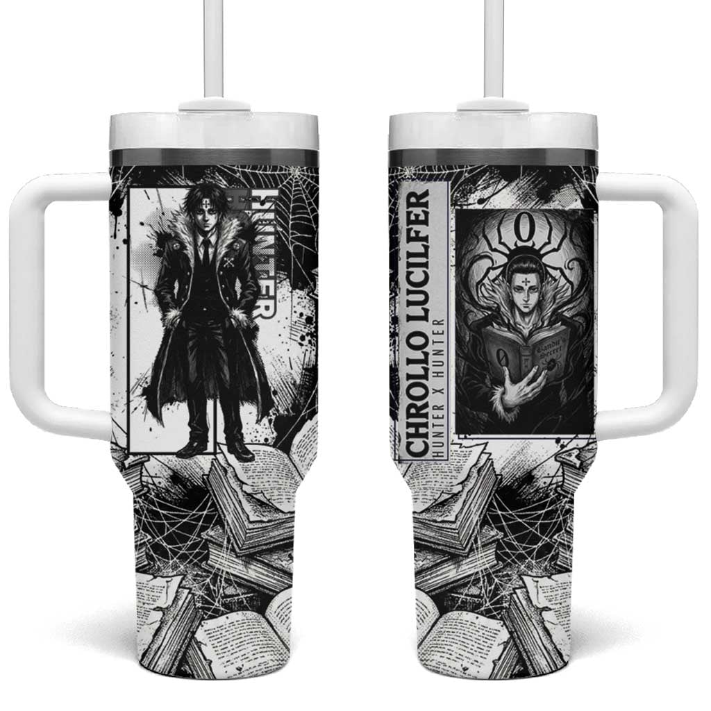 Chrollo Lucilfer Gothic Style Tumbler With Handle with Spider Webs, Grimoire Illustration and Monochrome Design - The Mazicc
