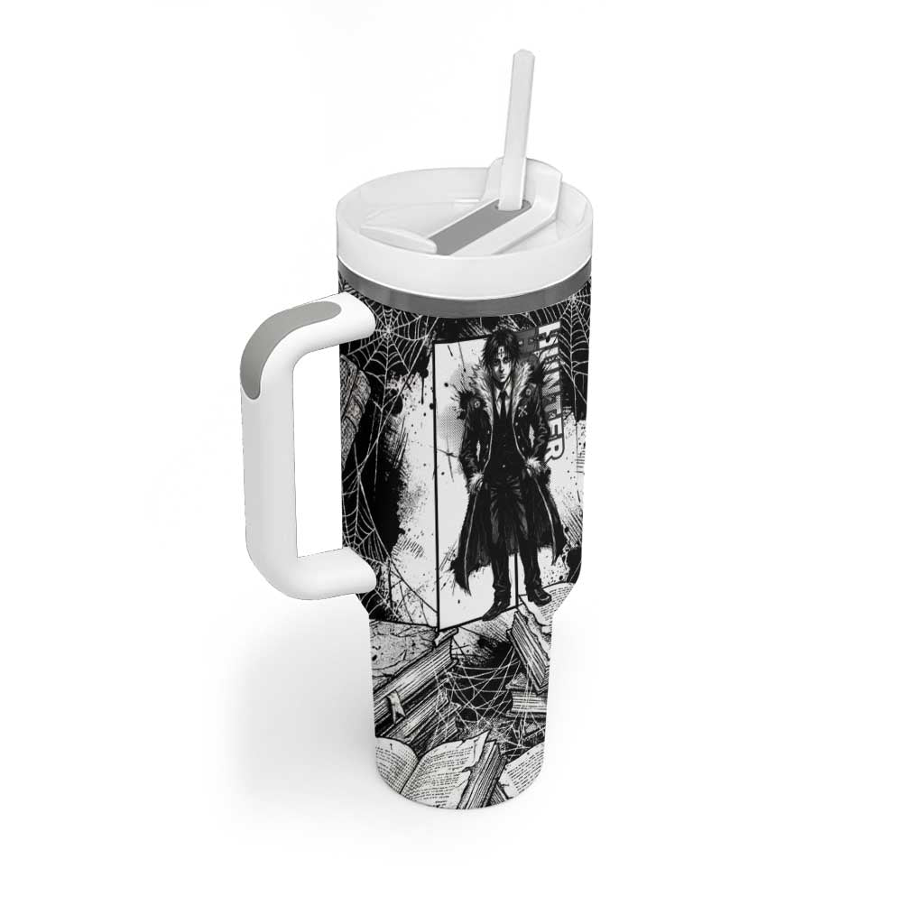Chrollo Lucilfer Gothic Style Tumbler With Handle with Spider Webs, Grimoire Illustration and Monochrome Design - The Mazicc