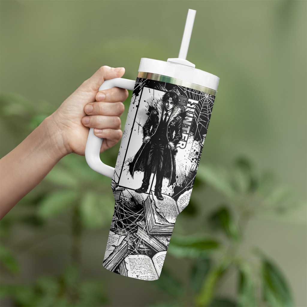 Chrollo Lucilfer Gothic Style Tumbler With Handle with Spider Webs, Grimoire Illustration and Monochrome Design - The Mazicc