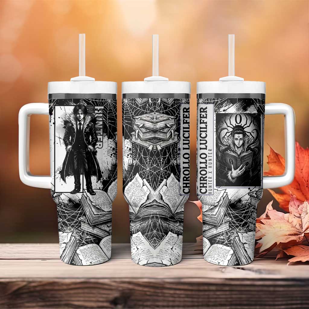 Chrollo Lucilfer Gothic Style Tumbler With Handle with Spider Webs, Grimoire Illustration and Monochrome Design - The Mazicc
