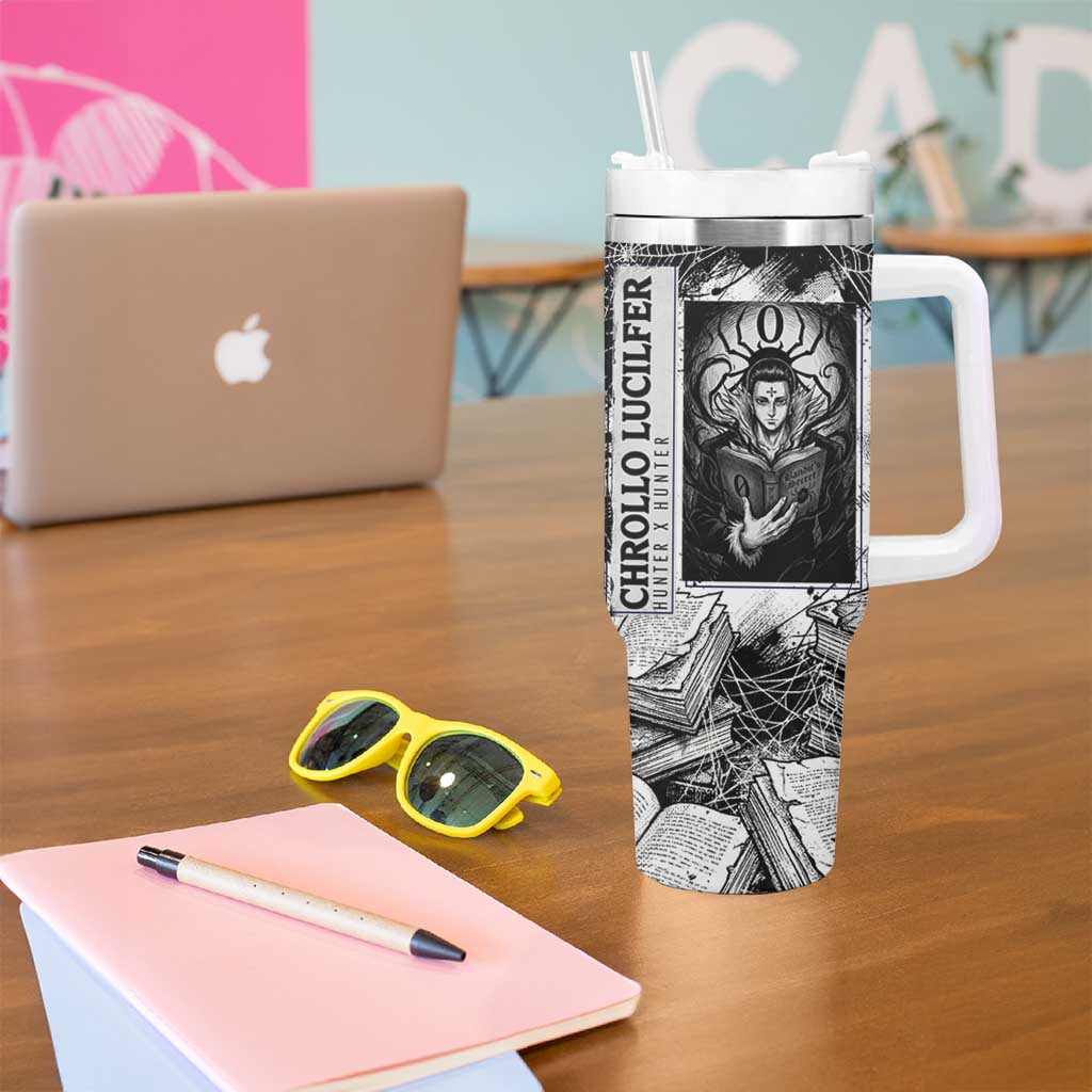 Chrollo Lucilfer Gothic Style Tumbler With Handle with Spider Webs, Grimoire Illustration and Monochrome Design - The Mazicc