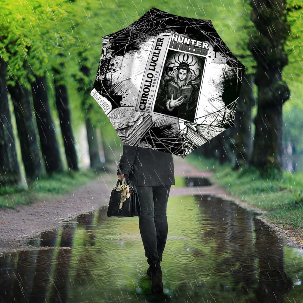 Chrollo Lucilfer Gothic Style Umbrella with Spider Webs, Grimoire Illustration and Monochrome Design - The Mazicc