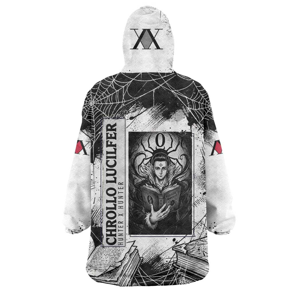 Chrollo Lucilfer Gothic Style Wearable Blanket Hoodie with Spider Webs, Grimoire Illustration and Monochrome Design - The Mazicc