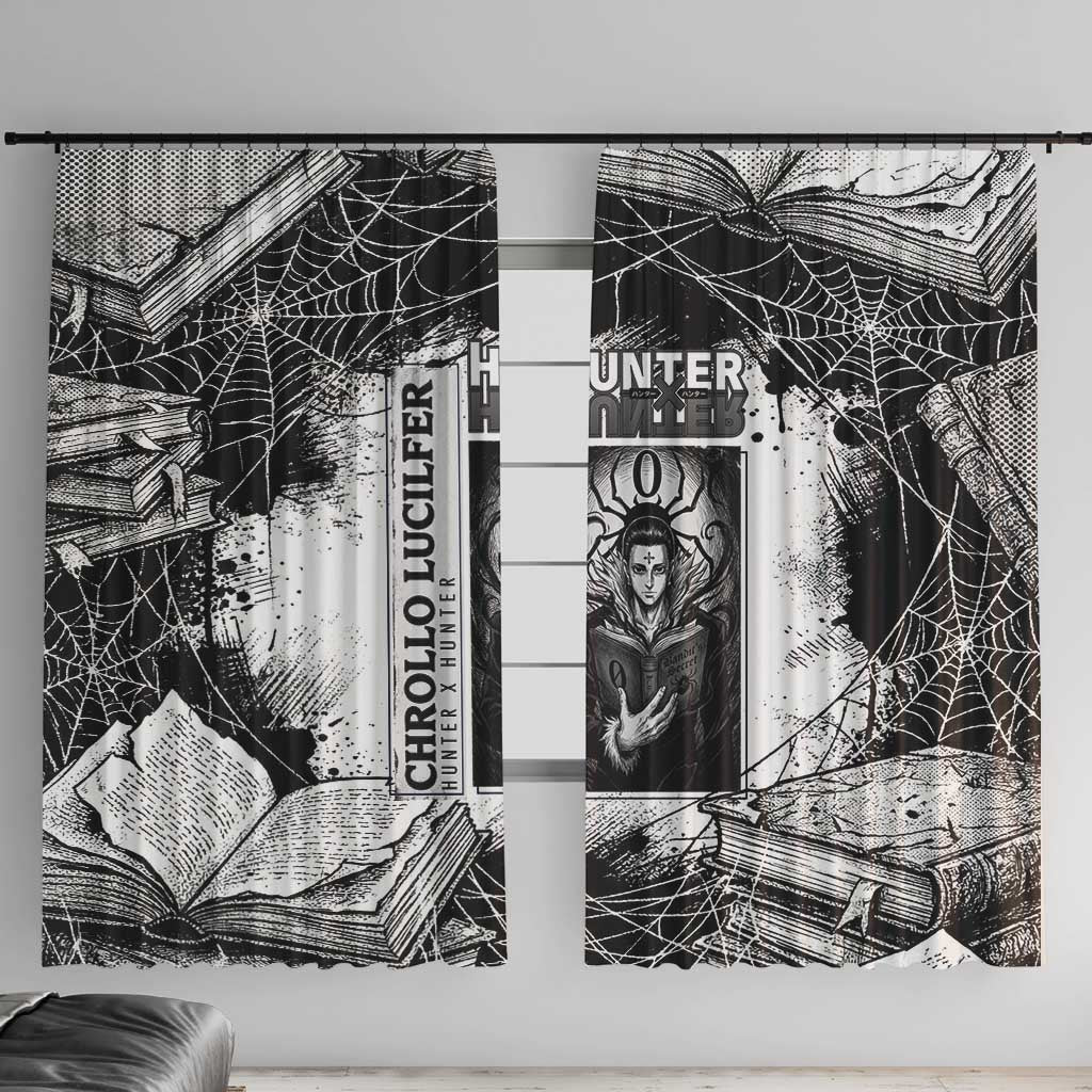 Chrollo Lucilfer Gothic Style Window Curtain with Spider Webs, Grimoire Illustration and Monochrome Design - The Mazicc