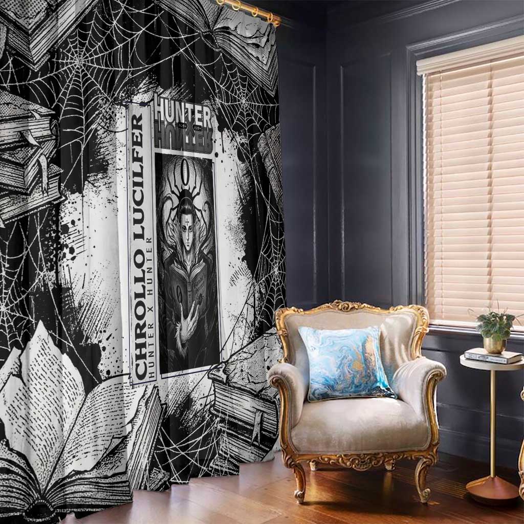 Chrollo Lucilfer Gothic Style Window Curtain with Spider Webs, Grimoire Illustration and Monochrome Design - The Mazicc