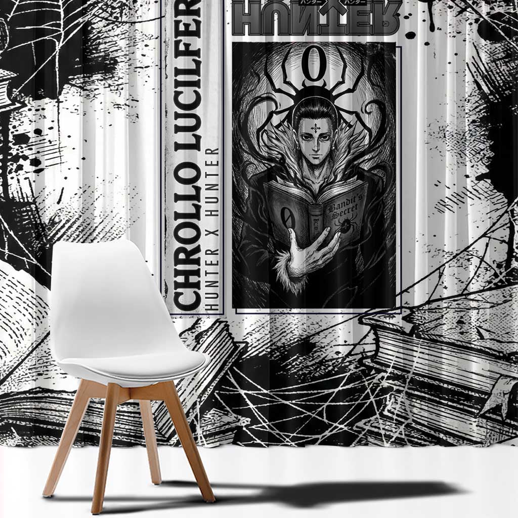 Chrollo Lucilfer Gothic Style Window Curtain with Spider Webs, Grimoire Illustration and Monochrome Design - The Mazicc