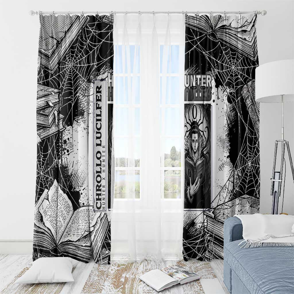 Chrollo Lucilfer Gothic Style Window Curtain with Spider Webs, Grimoire Illustration and Monochrome Design - The Mazicc