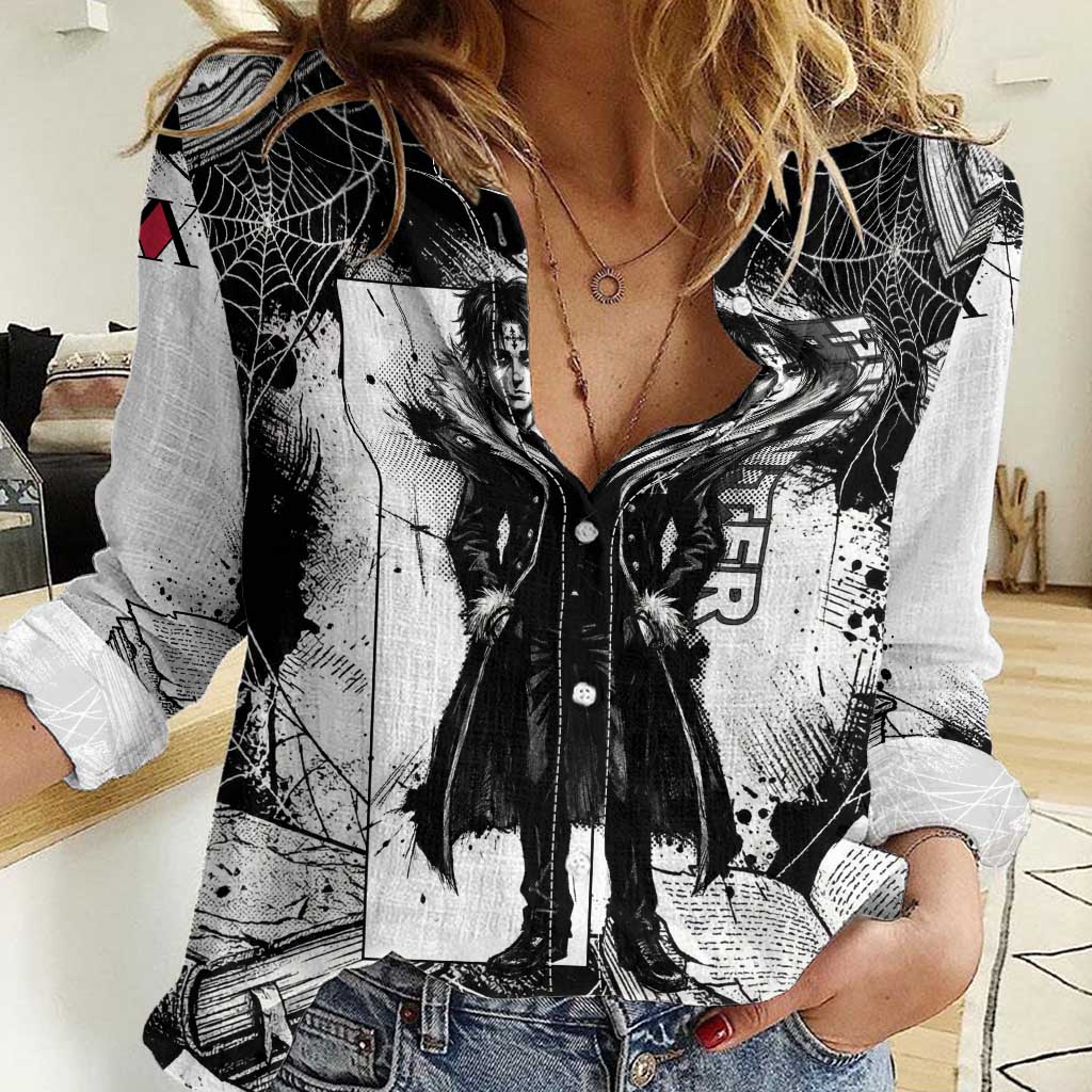 Chrollo Lucilfer Gothic Style Women Casual Shirt with Spider Webs, Grimoire Illustration and Monochrome Design - The Mazicc