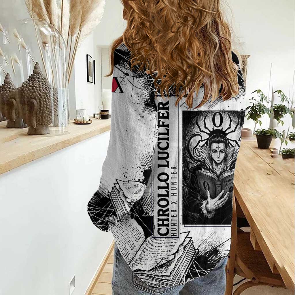 Chrollo Lucilfer Gothic Style Women Casual Shirt with Spider Webs, Grimoire Illustration and Monochrome Design - The Mazicc