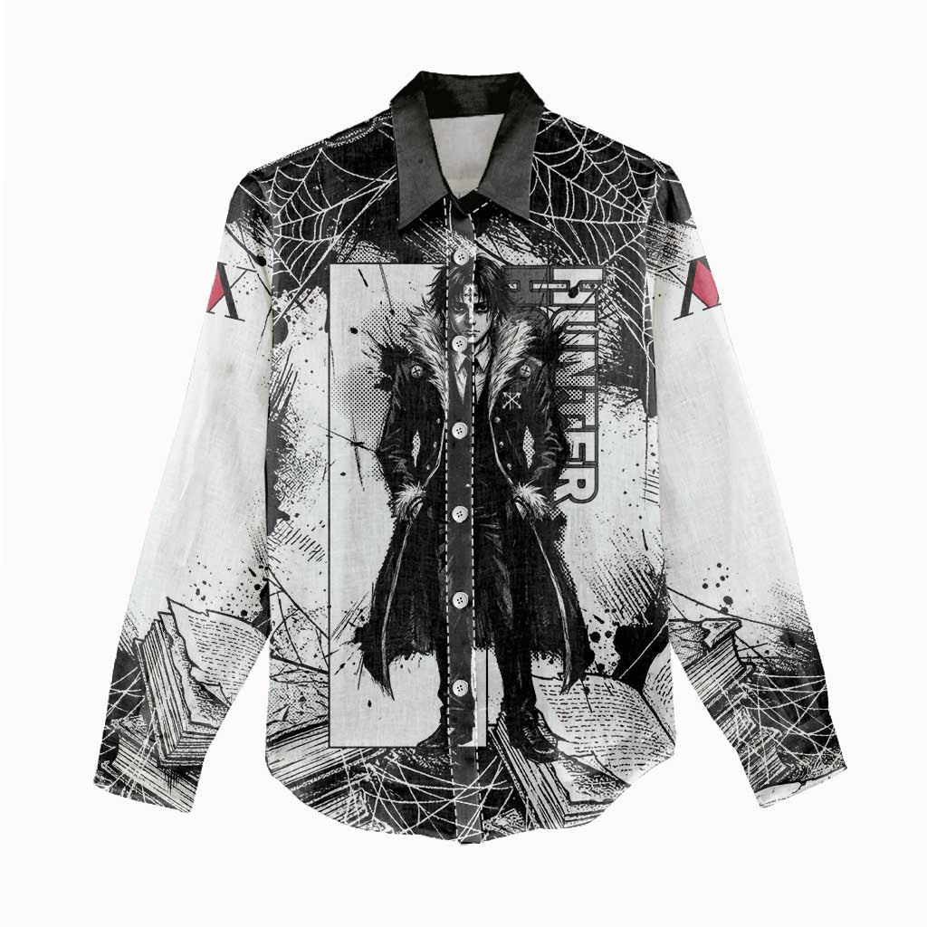 Chrollo Lucilfer Gothic Style Women Casual Shirt with Spider Webs, Grimoire Illustration and Monochrome Design - The Mazicc