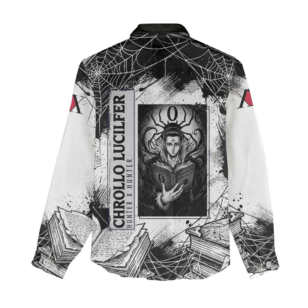 Chrollo Lucilfer Gothic Style Women Casual Shirt with Spider Webs, Grimoire Illustration and Monochrome Design - The Mazicc