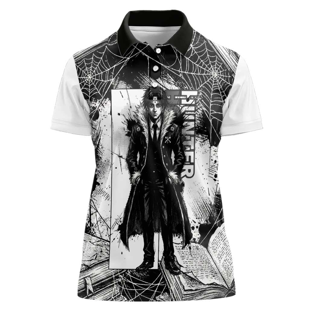Chrollo Lucilfer Gothic Style Women Polo Shirt with Spider Webs, Grimoire Illustration and Monochrome Design - The Mazicc