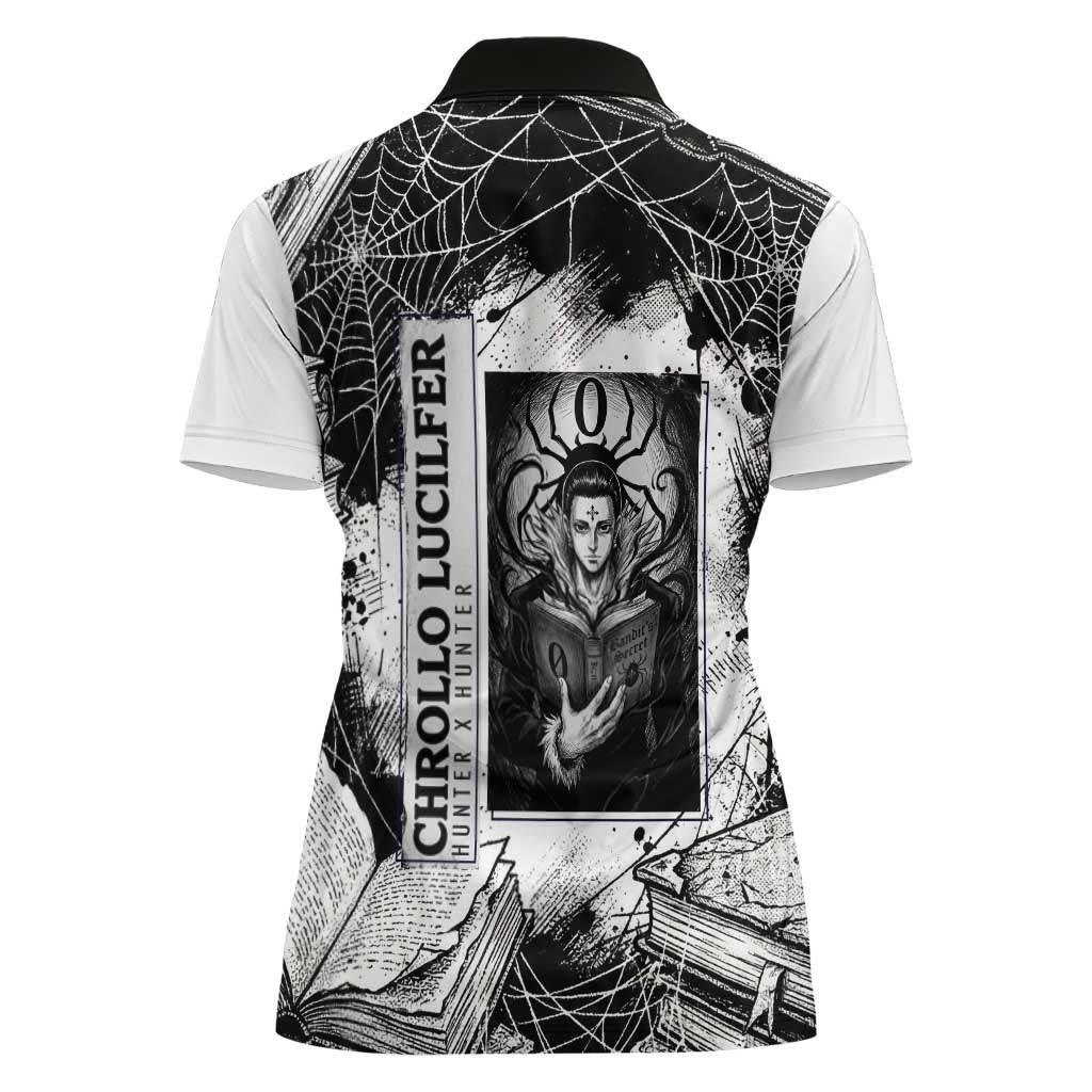 Chrollo Lucilfer Gothic Style Women Polo Shirt with Spider Webs, Grimoire Illustration and Monochrome Design - The Mazicc