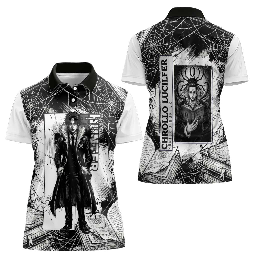 Chrollo Lucilfer Gothic Style Women Polo Shirt with Spider Webs, Grimoire Illustration and Monochrome Design - The Mazicc