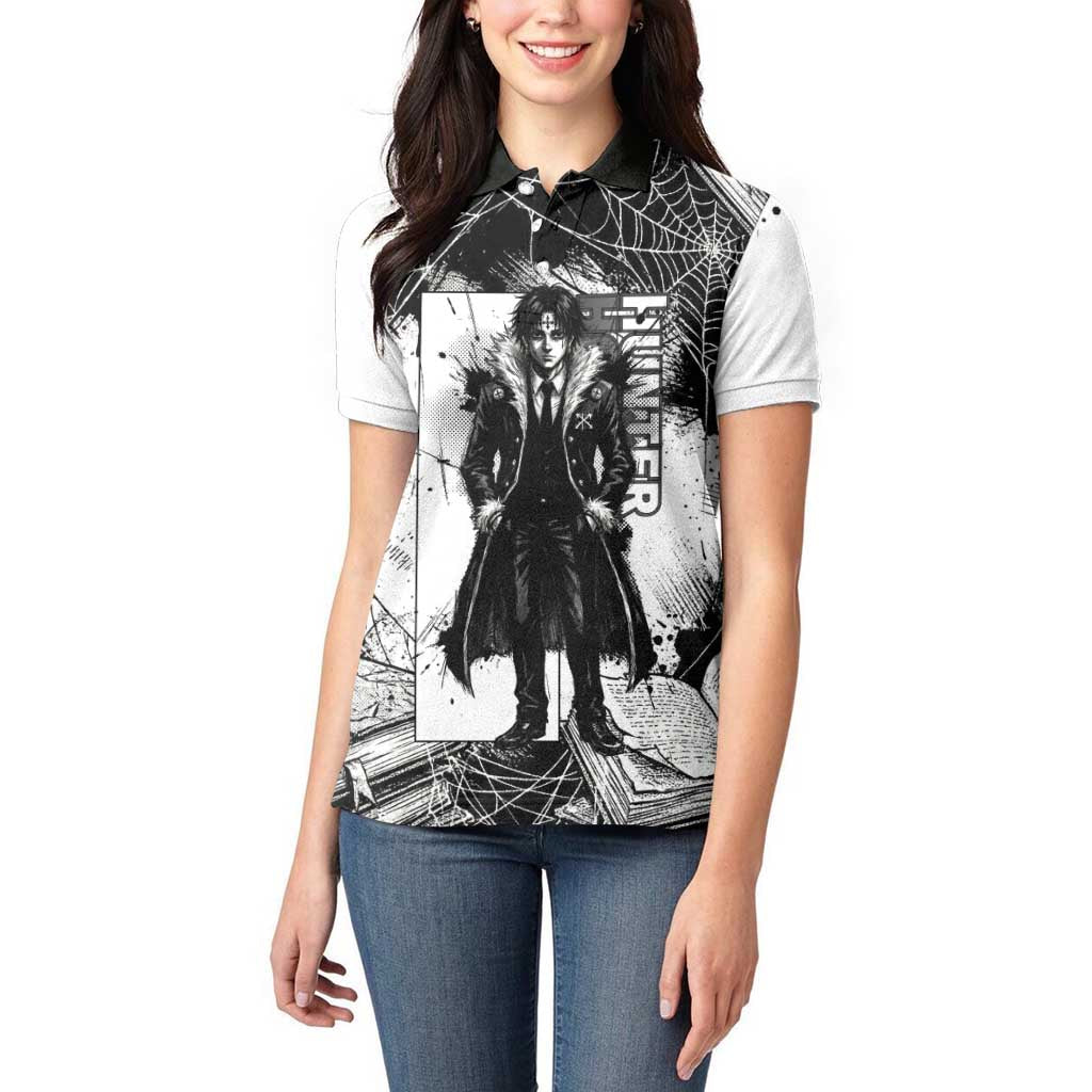 Chrollo Lucilfer Gothic Style Women Polo Shirt with Spider Webs, Grimoire Illustration and Monochrome Design - The Mazicc