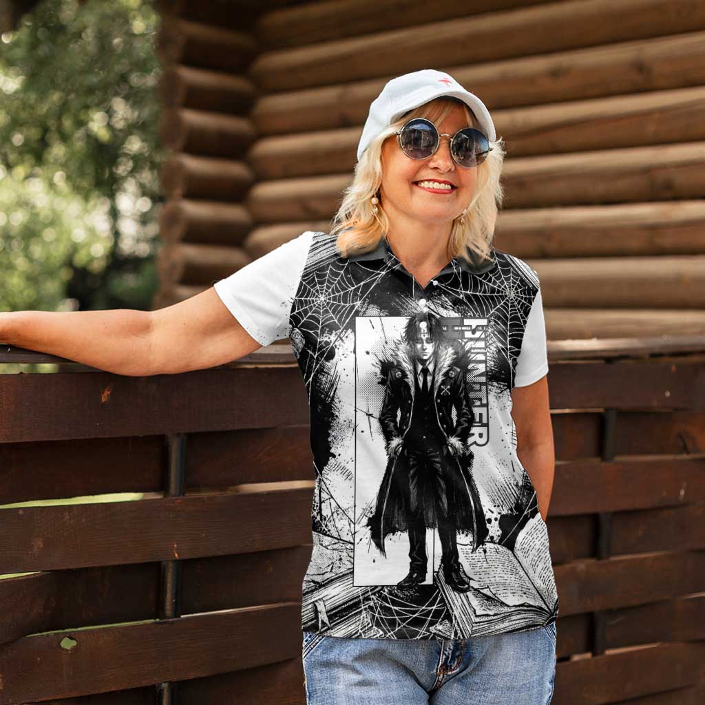 Chrollo Lucilfer Gothic Style Women Polo Shirt with Spider Webs, Grimoire Illustration and Monochrome Design - The Mazicc