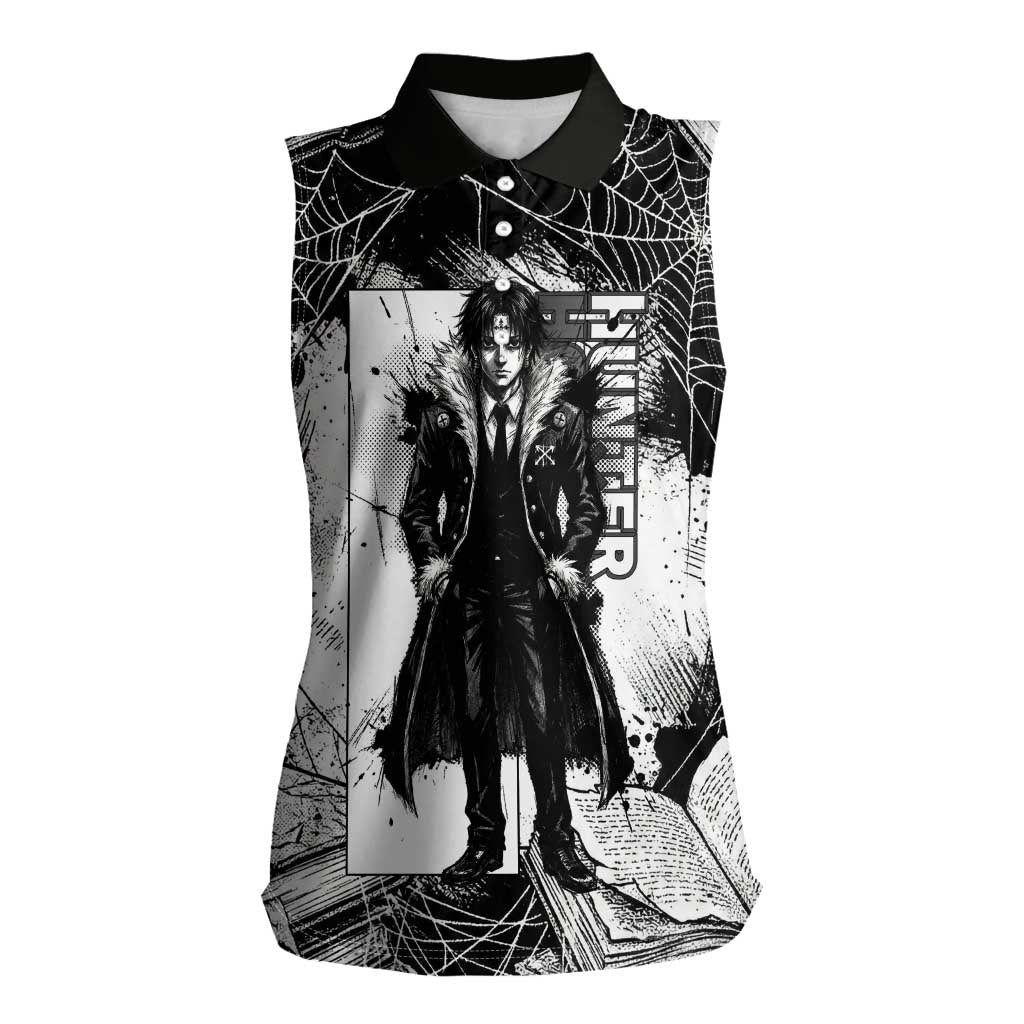 Chrollo Lucilfer Gothic Style Women Sleeveless Polo Shirt with Spider Webs, Grimoire Illustration and Monochrome Design - The Mazicc
