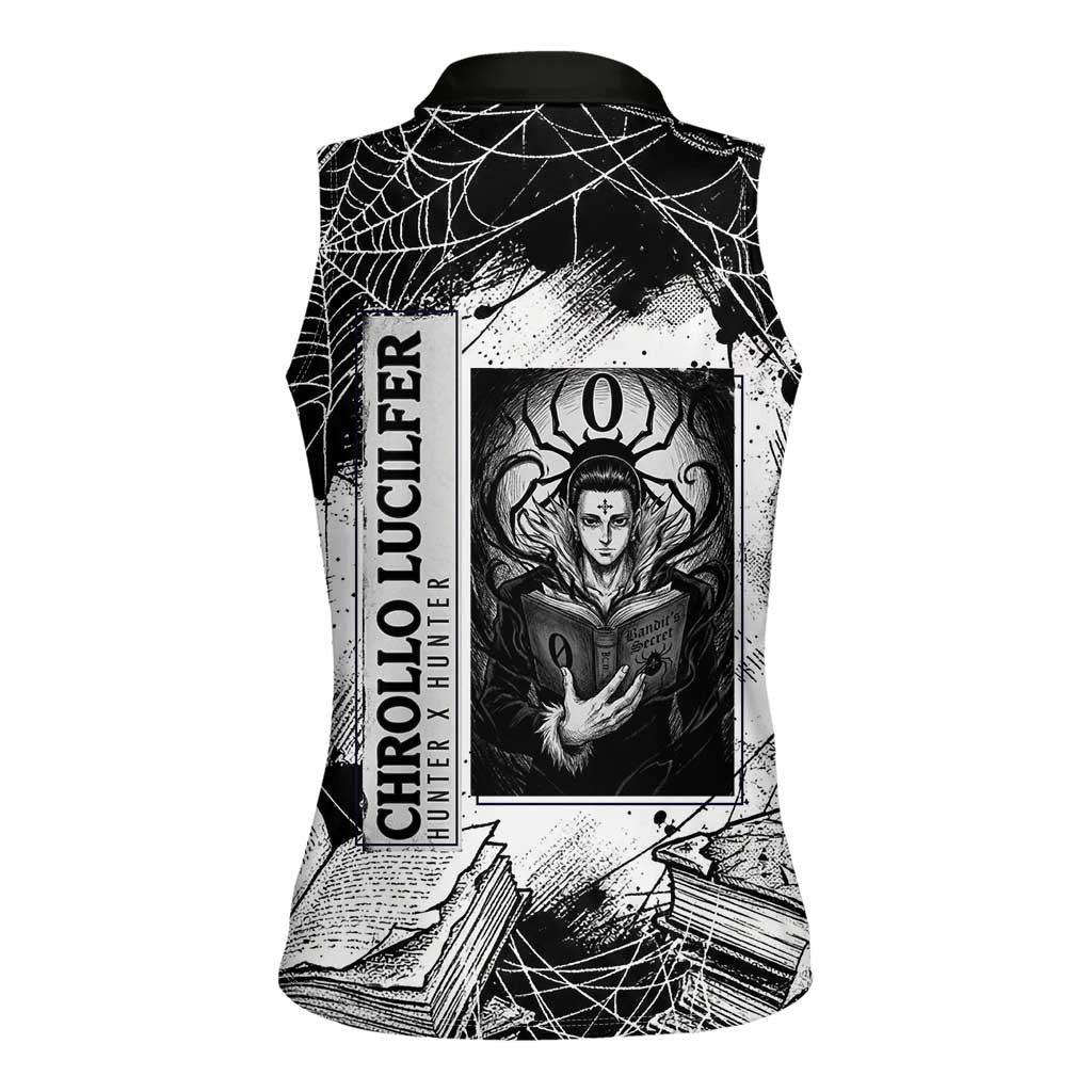 Chrollo Lucilfer Gothic Style Women Sleeveless Polo Shirt with Spider Webs, Grimoire Illustration and Monochrome Design - The Mazicc