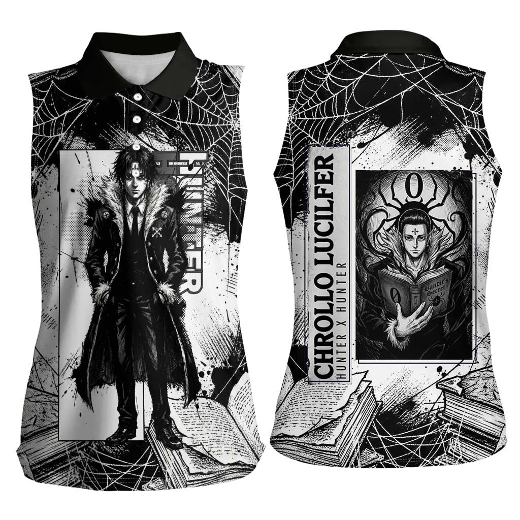 Chrollo Lucilfer Gothic Style Women Sleeveless Polo Shirt with Spider Webs, Grimoire Illustration and Monochrome Design - The Mazicc