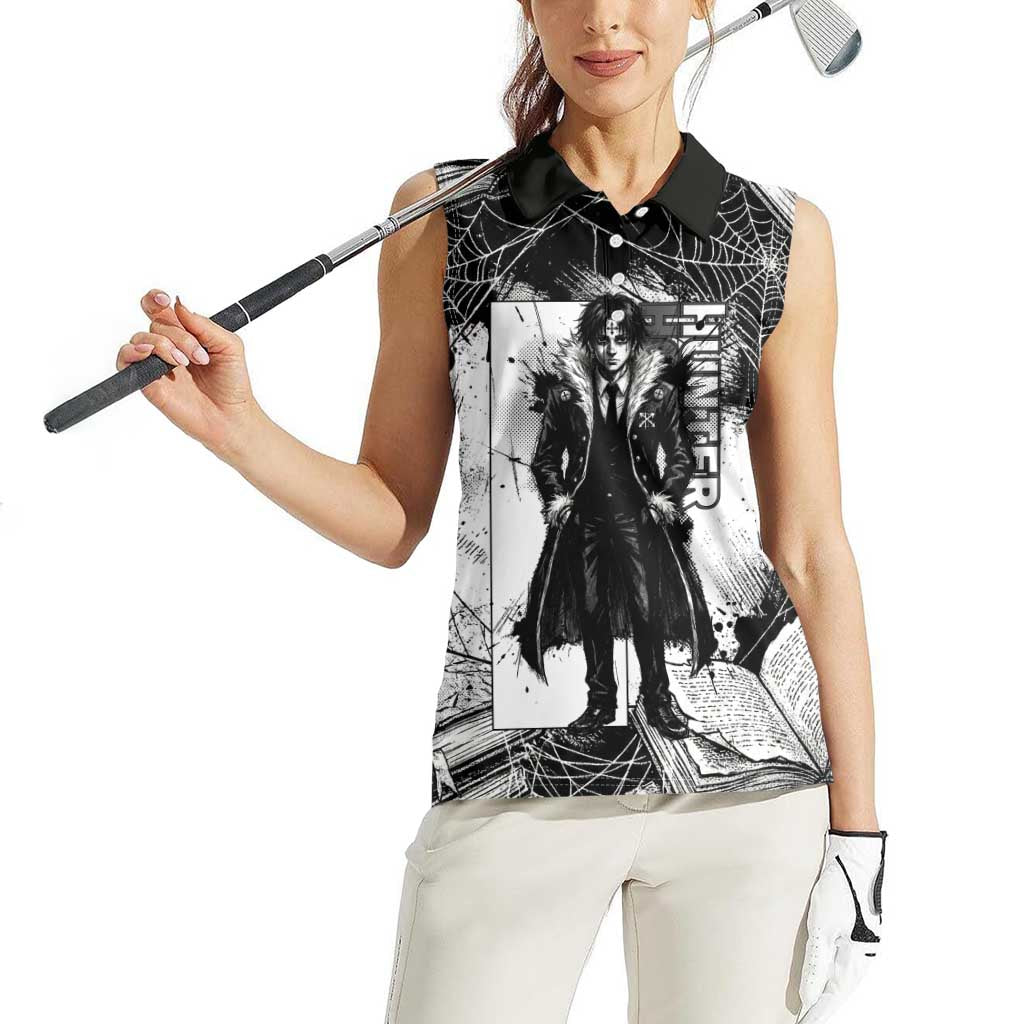 Chrollo Lucilfer Gothic Style Women Sleeveless Polo Shirt with Spider Webs, Grimoire Illustration and Monochrome Design - The Mazicc