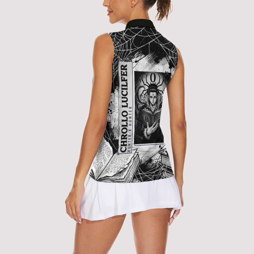 Chrollo Lucilfer Gothic Style Women Sleeveless Polo Shirt with Spider Webs, Grimoire Illustration and Monochrome Design - The Mazicc