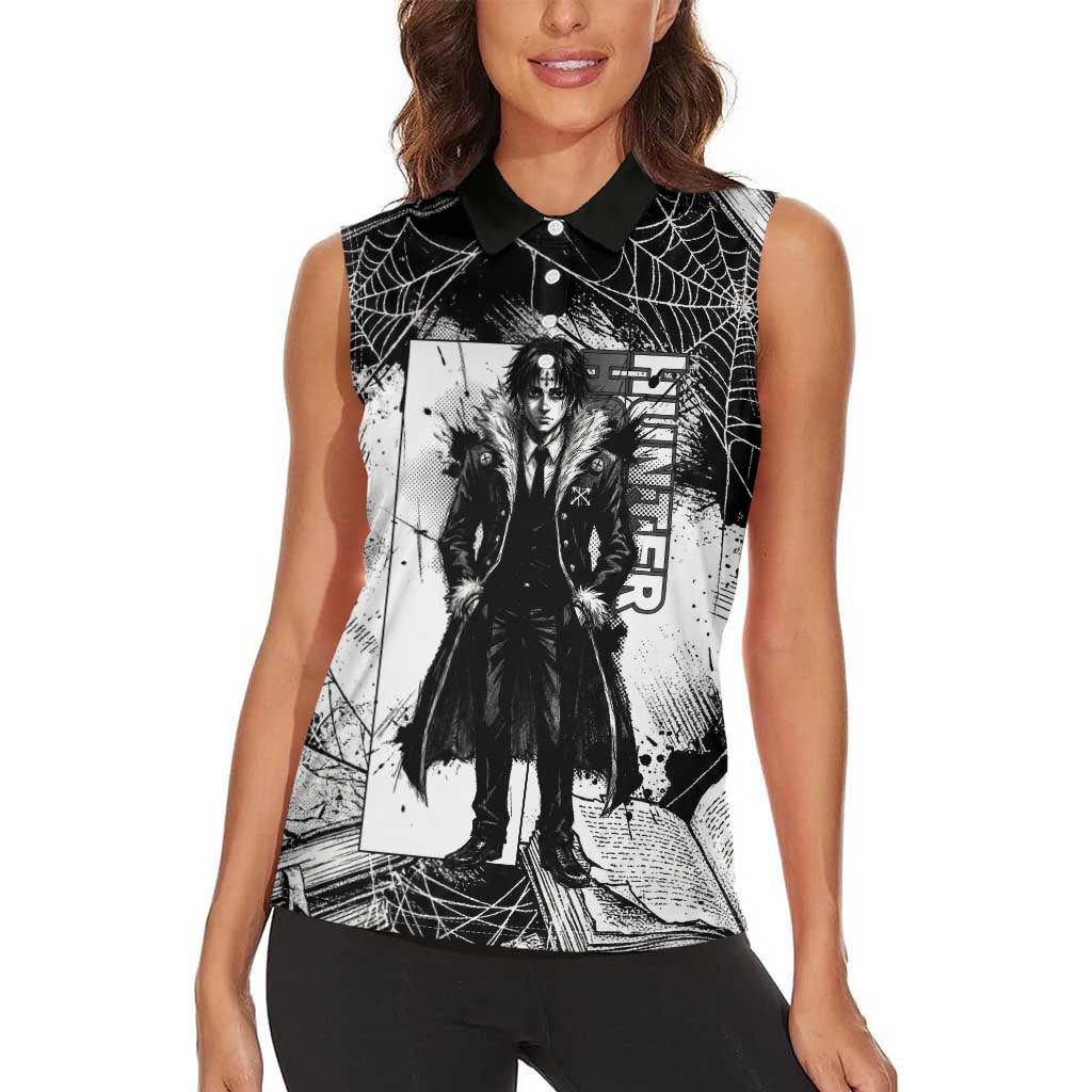 Chrollo Lucilfer Gothic Style Women Sleeveless Polo Shirt with Spider Webs, Grimoire Illustration and Monochrome Design - The Mazicc