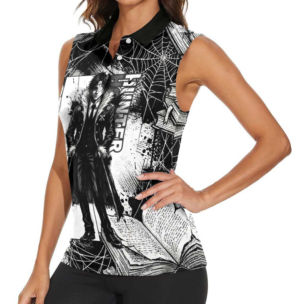 Chrollo Lucilfer Gothic Style Women Sleeveless Polo Shirt with Spider Webs, Grimoire Illustration and Monochrome Design - The Mazicc