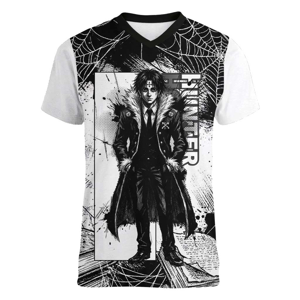 Chrollo Lucilfer Gothic Style Women V-Neck T-Shirt with Spider Webs, Grimoire Illustration and Monochrome Design - The Mazicc