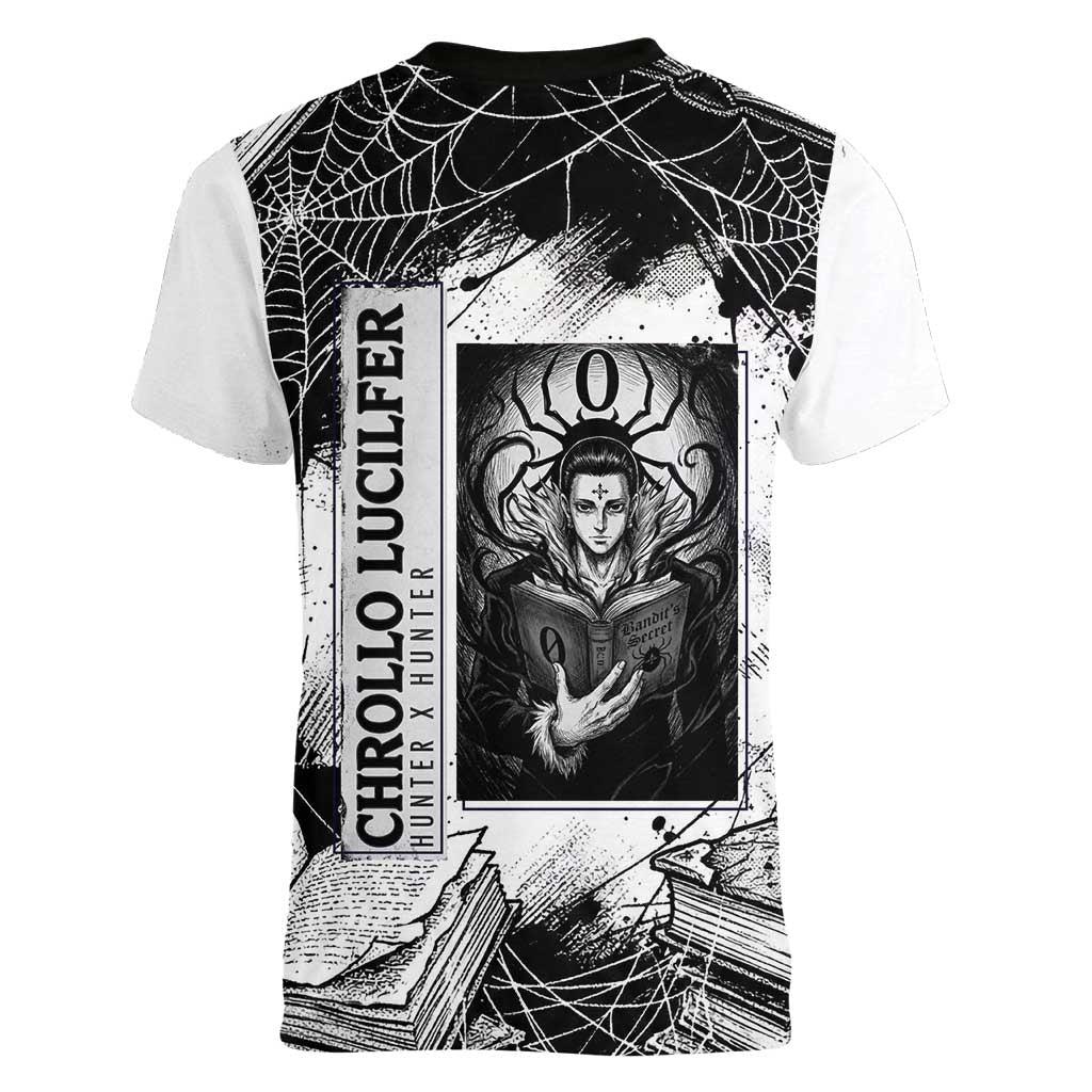Chrollo Lucilfer Gothic Style Women V-Neck T-Shirt with Spider Webs, Grimoire Illustration and Monochrome Design - The Mazicc