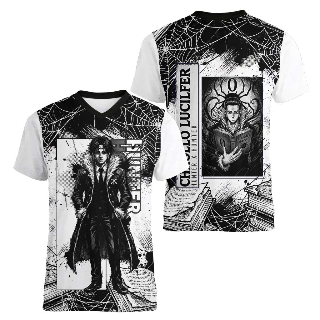Chrollo Lucilfer Gothic Style Women V-Neck T-Shirt with Spider Webs, Grimoire Illustration and Monochrome Design - The Mazicc