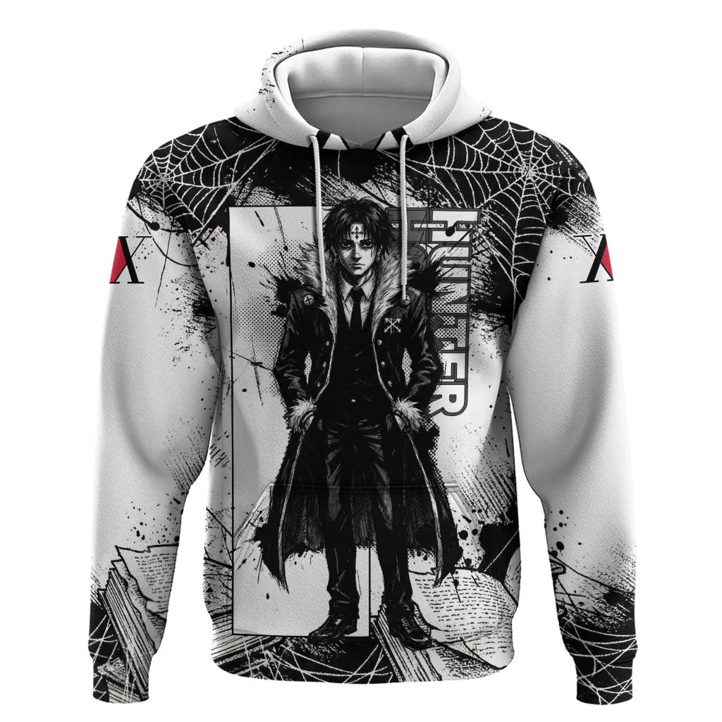 Chrollo Lucilfer Gothic Style Zip Hoodie with Spider Webs, Grimoire Illustration and Monochrome Design - The Mazicc