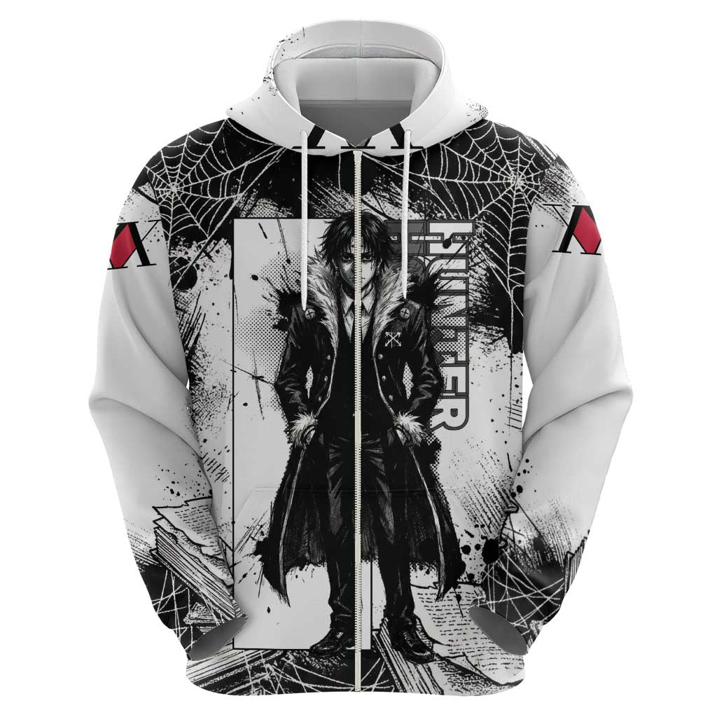 Chrollo Lucilfer Gothic Style Zip Hoodie with Spider Webs, Grimoire Illustration and Monochrome Design - The Mazicc