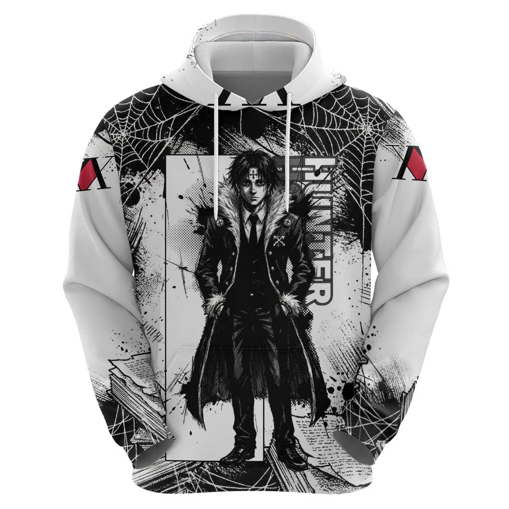 Chrollo Lucilfer Gothic Style Zip Hoodie with Spider Webs, Grimoire Illustration and Monochrome Design - The Mazicc