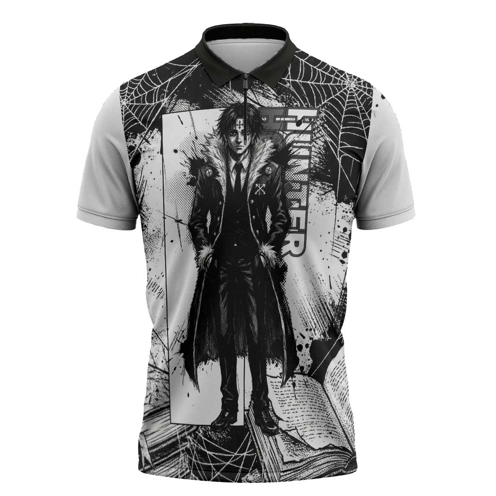 Chrollo Lucilfer Gothic Style Zipper Polo Shirt with Spider Webs, Grimoire Illustration and Monochrome Design - The Mazicc