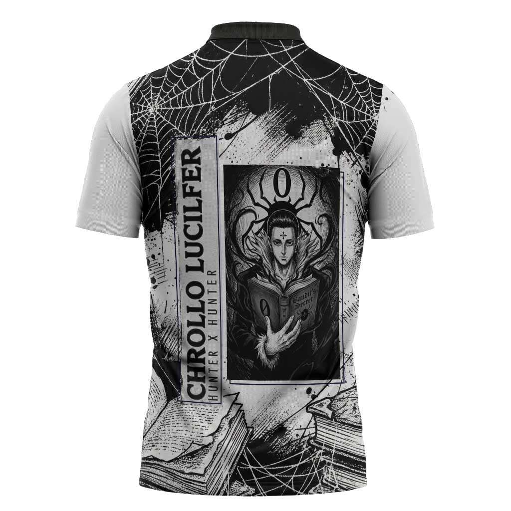 Chrollo Lucilfer Gothic Style Zipper Polo Shirt with Spider Webs, Grimoire Illustration and Monochrome Design - The Mazicc