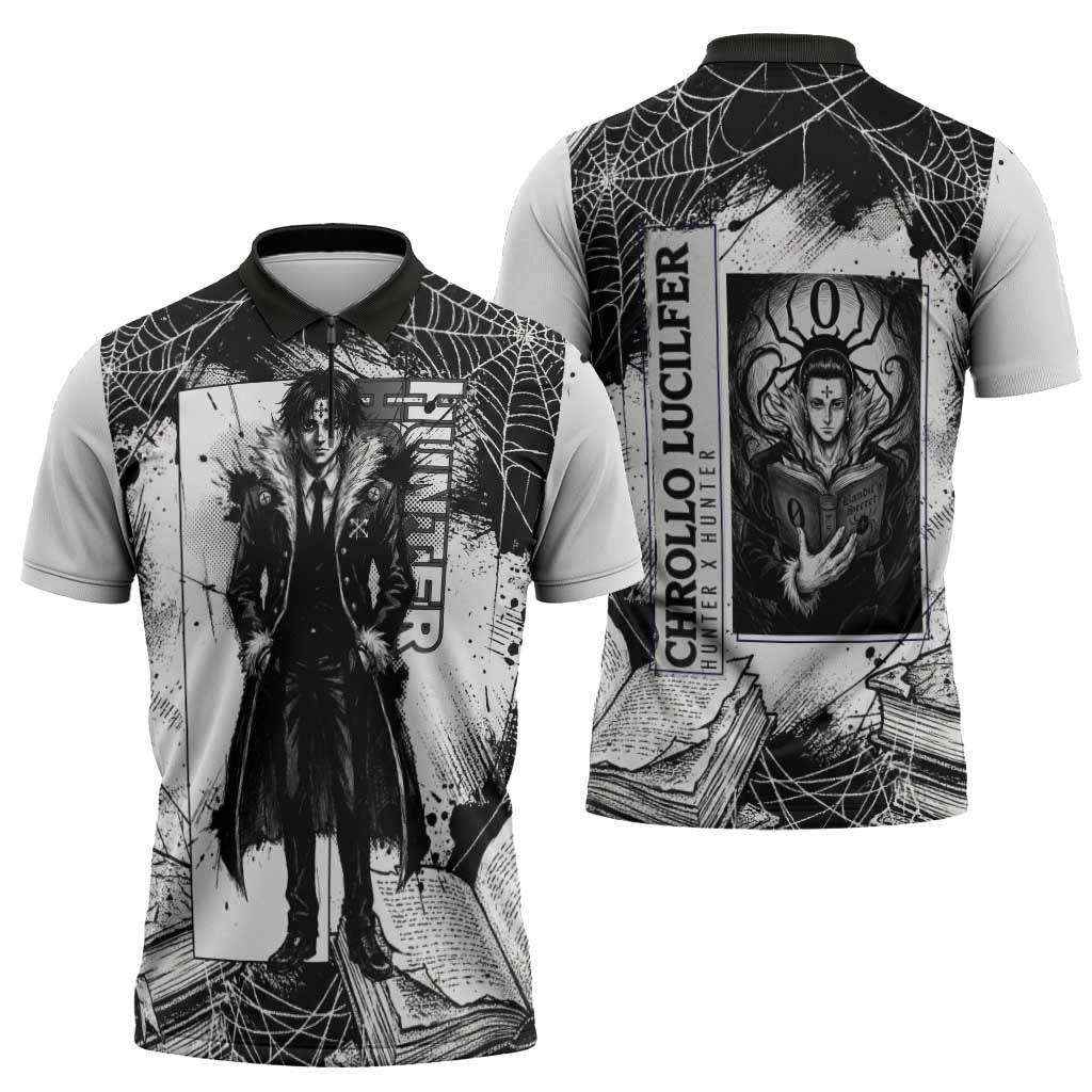 Chrollo Lucilfer Gothic Style Zipper Polo Shirt with Spider Webs, Grimoire Illustration and Monochrome Design - The Mazicc
