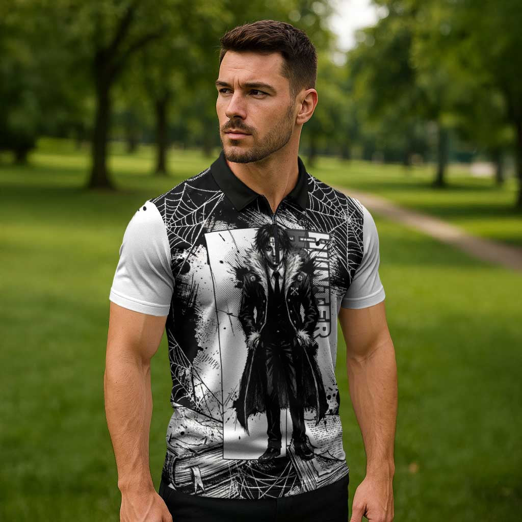Chrollo Lucilfer Gothic Style Zipper Polo Shirt with Spider Webs, Grimoire Illustration and Monochrome Design - The Mazicc