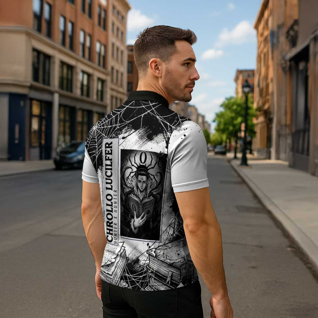 Chrollo Lucilfer Gothic Style Zipper Polo Shirt with Spider Webs, Grimoire Illustration and Monochrome Design - The Mazicc