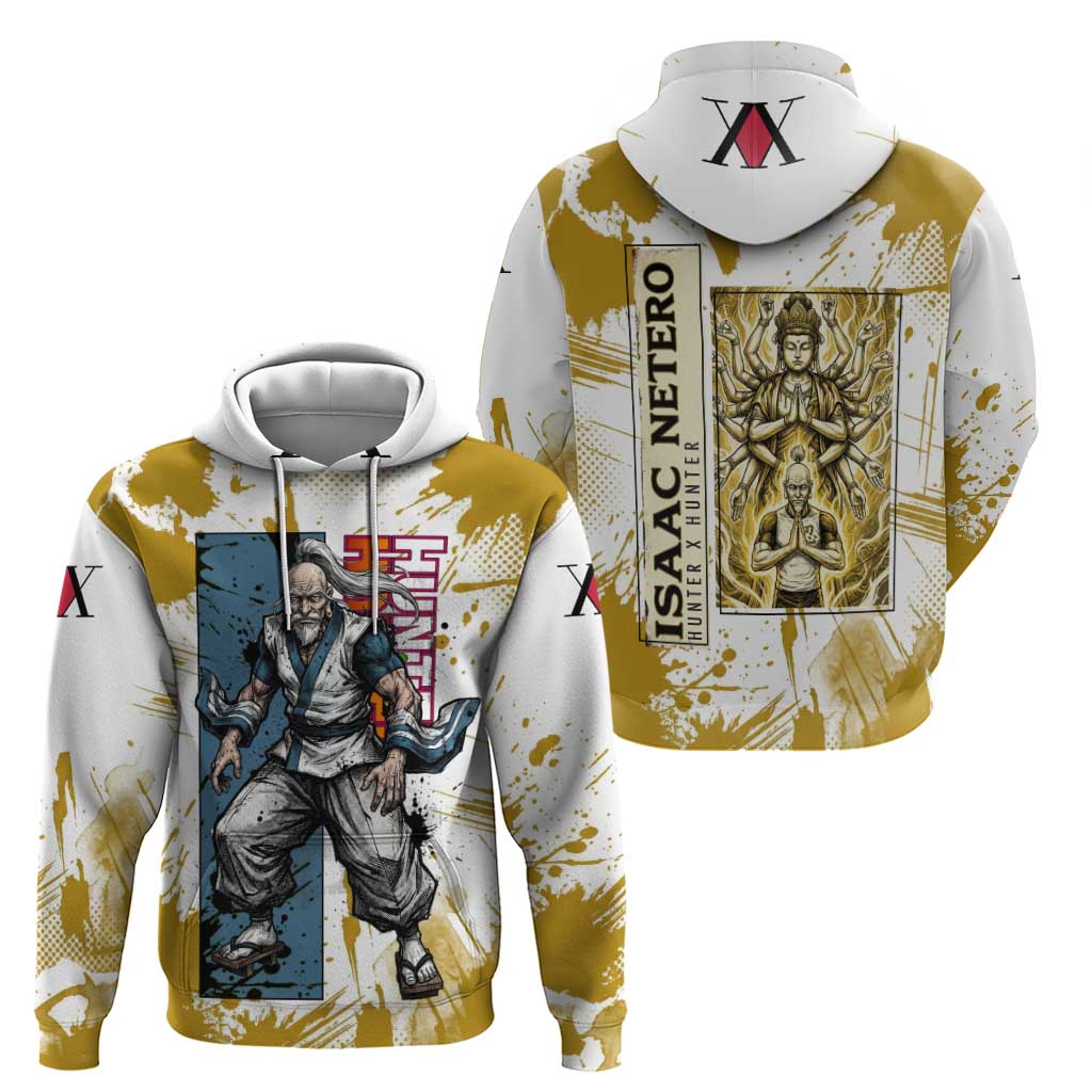 Isaac Netero Golden Aura Design Hoodie with 100-Type Guanyin Bodhisattva and Vintage Anime Artwork - The Mazicc