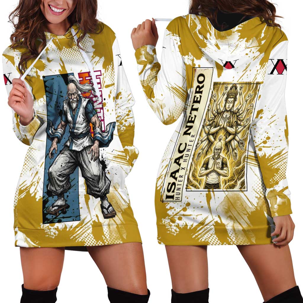 Isaac Netero Golden Aura Design Hoodie Dress with 100-Type Guanyin Bodhisattva and Vintage Anime Artwork - The Mazicc
