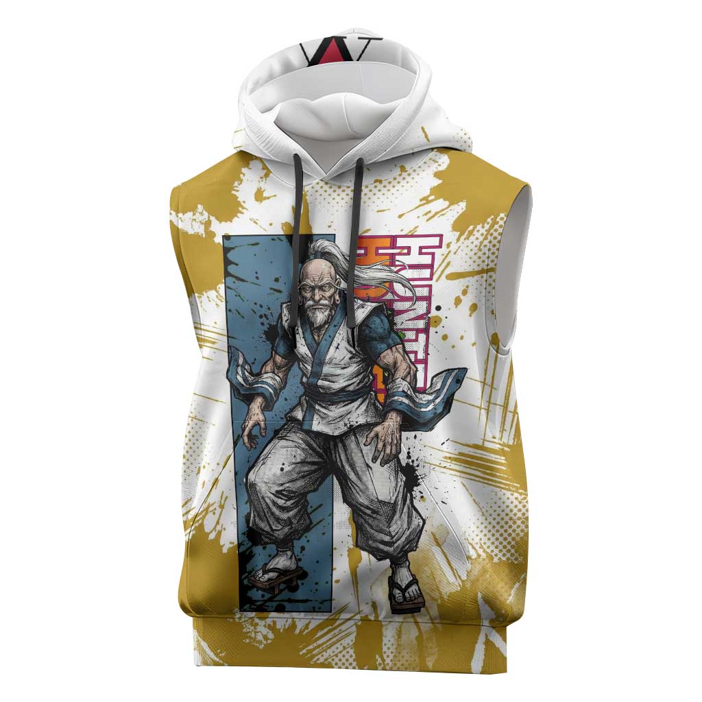 Isaac Netero Golden Aura Design Sleeveless Hoodie with 100-Type Guanyin Bodhisattva and Vintage Anime Artwork - The Mazicc