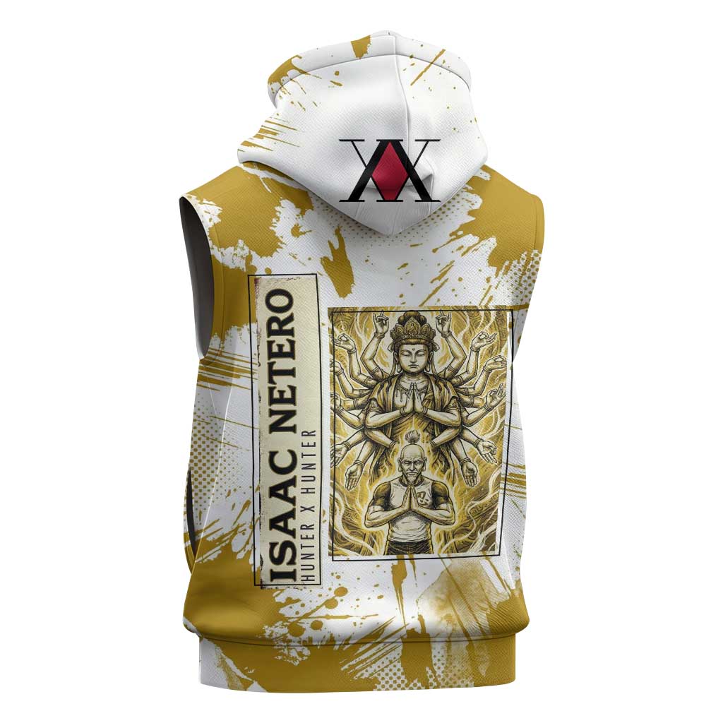 Isaac Netero Golden Aura Design Sleeveless Hoodie with 100-Type Guanyin Bodhisattva and Vintage Anime Artwork - The Mazicc