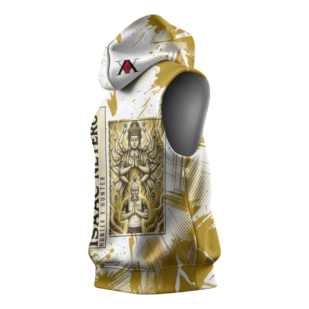 Isaac Netero Golden Aura Design Sleeveless Hoodie with 100-Type Guanyin Bodhisattva and Vintage Anime Artwork - The Mazicc
