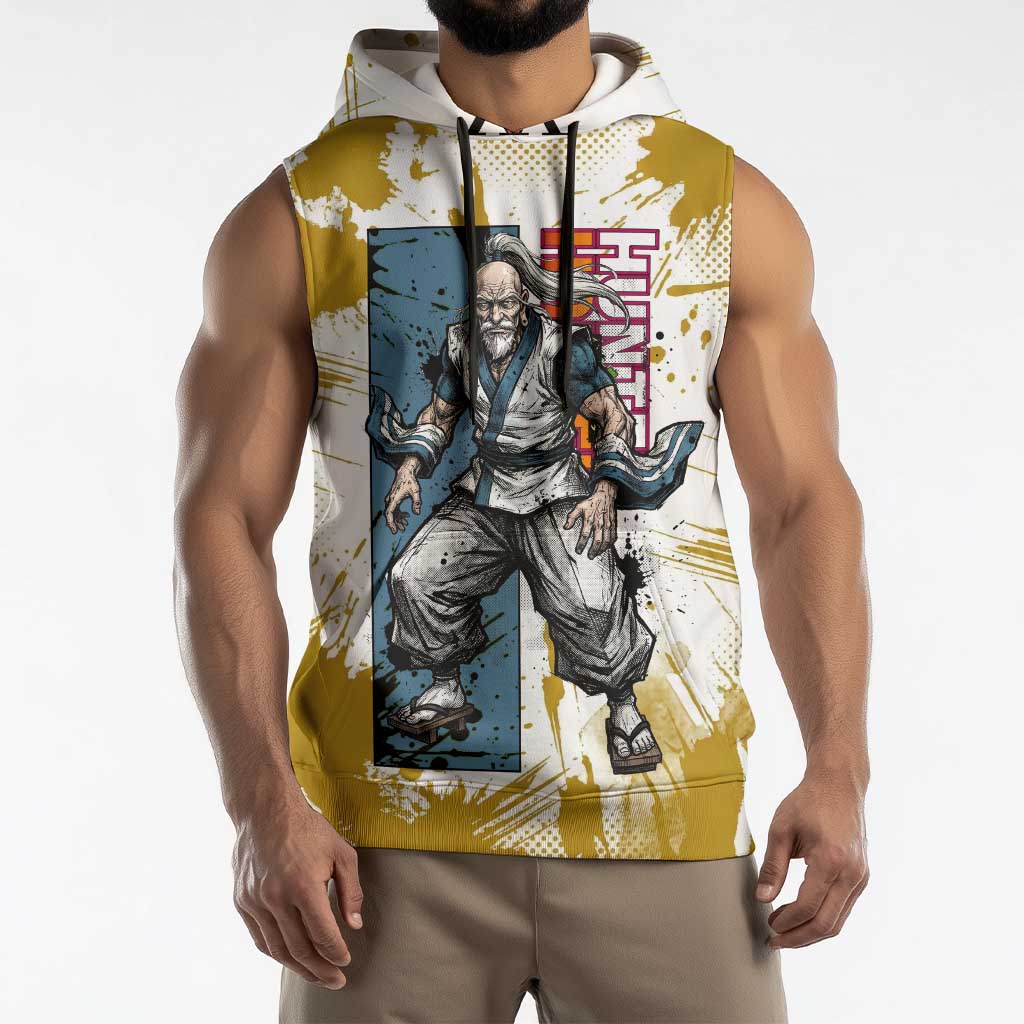 Isaac Netero Golden Aura Design Sleeveless Hoodie with 100-Type Guanyin Bodhisattva and Vintage Anime Artwork - The Mazicc