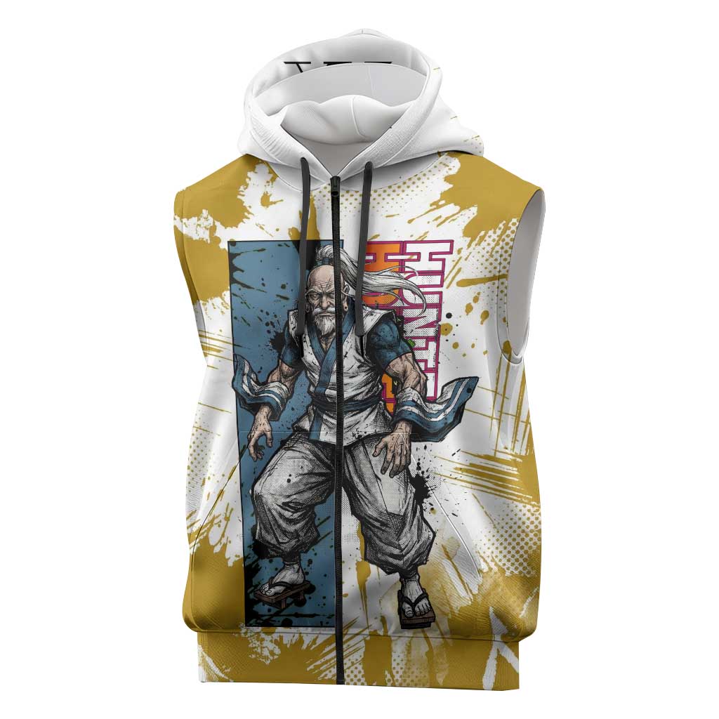Isaac Netero Golden Aura Design Sleeveless Zip Hoodie with 100-Type Guanyin Bodhisattva and Vintage Anime Artwork - The Mazicc
