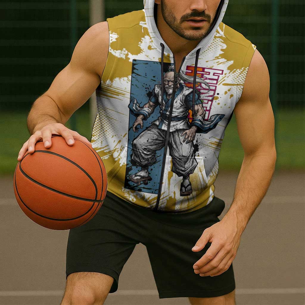 Isaac Netero Golden Aura Design Sleeveless Zip Hoodie with 100-Type Guanyin Bodhisattva and Vintage Anime Artwork - The Mazicc