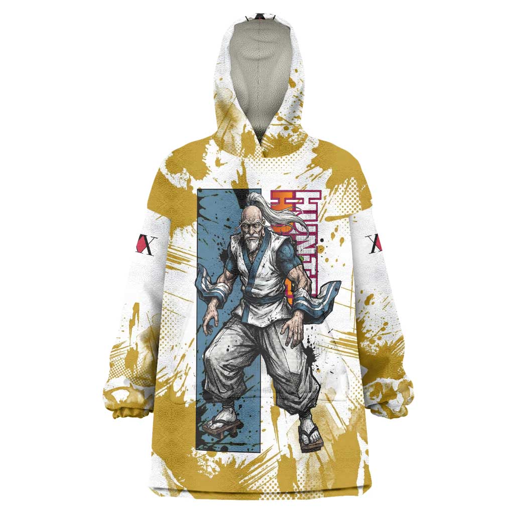 Isaac Netero Golden Aura Design Wearable Blanket Hoodie with 100-Type Guanyin Bodhisattva and Vintage Anime Artwork - The Mazicc