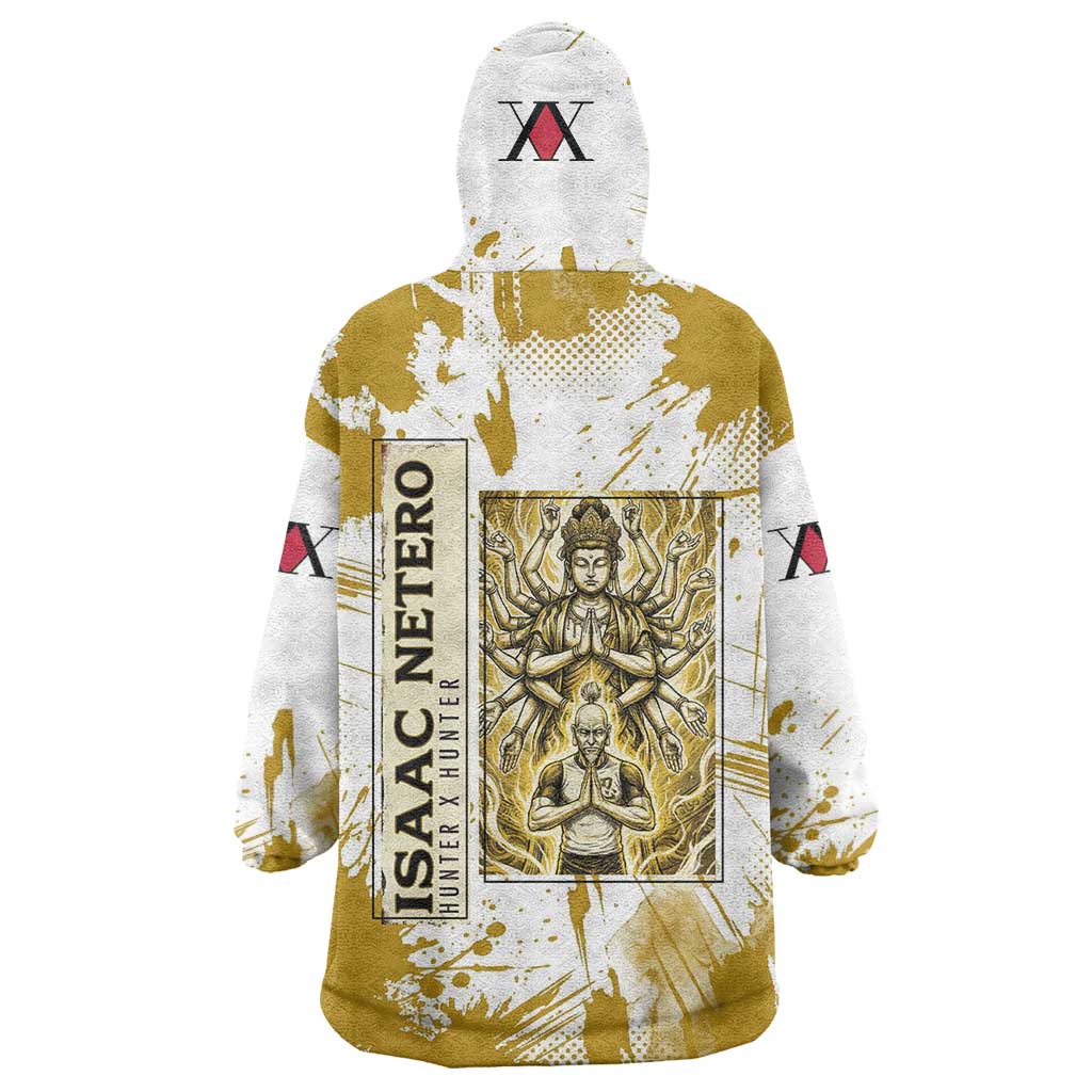 Isaac Netero Golden Aura Design Wearable Blanket Hoodie with 100-Type Guanyin Bodhisattva and Vintage Anime Artwork - The Mazicc