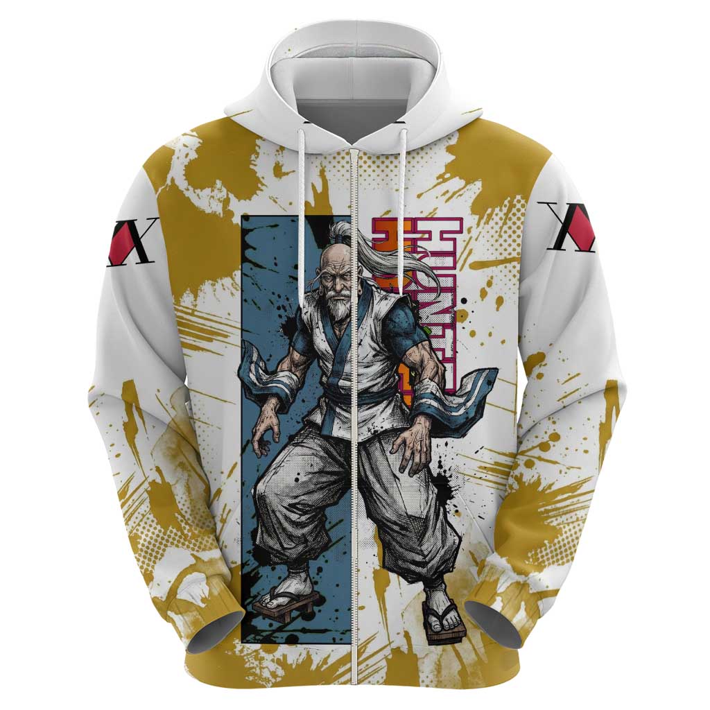 Isaac Netero Golden Aura Design Zip Hoodie with 100-Type Guanyin Bodhisattva and Vintage Anime Artwork - The Mazicc