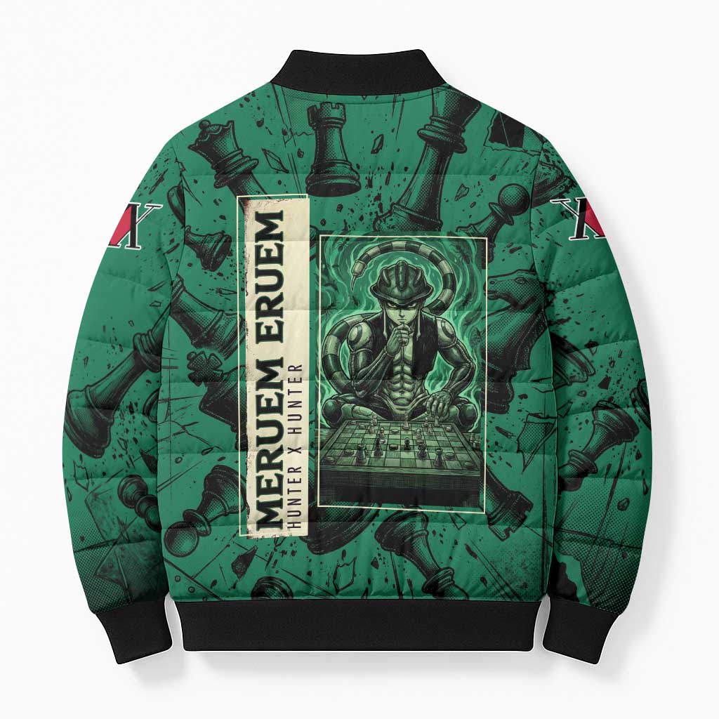 Meruem Chess Theme Bomber Puffer Jacket with Dark Aura and Strategic Anime Artwork Design - The Mazicc